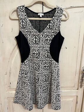 Charming Charlie Black White Geometric Fit & Flare Dress Size S
